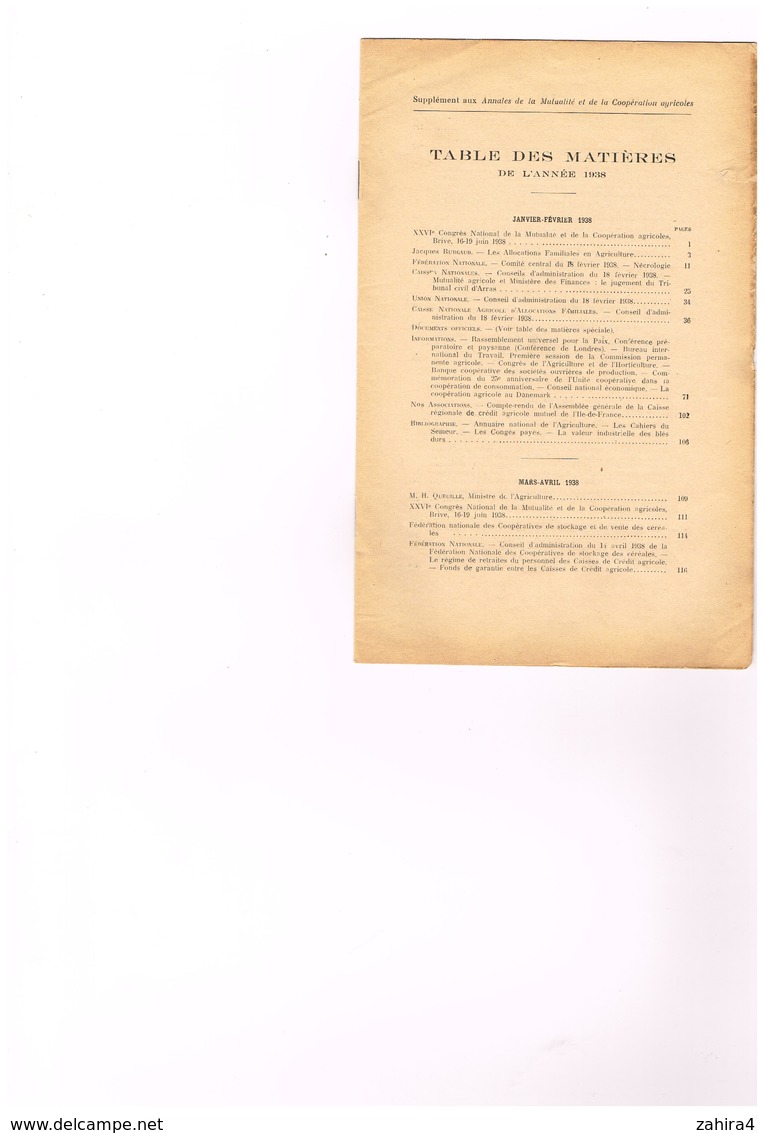 Sup. Annales De La Mutualité Et D La Coopération Agricoles Table Des Matière 1937 Maison De L'agriculture Paris Imp Agen - 1900 - 1949