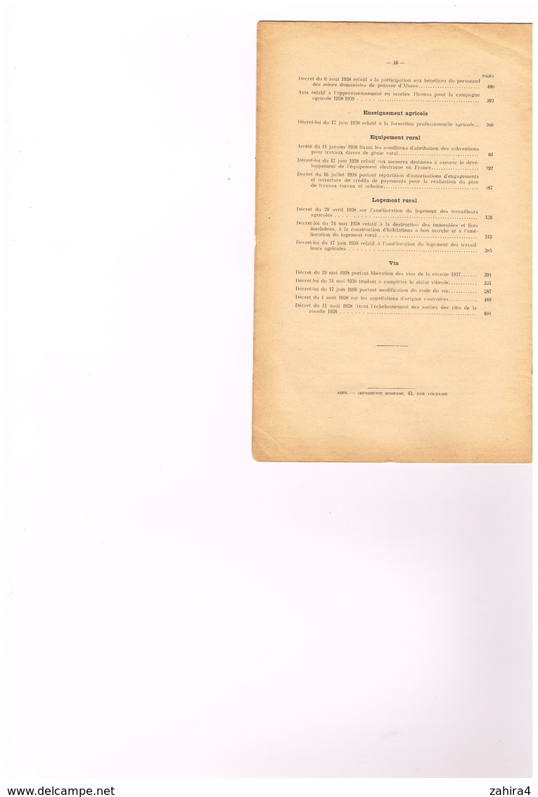 Sup. Annales De La Mutualité Et D La Coopération Agricoles Table Des Matière 1937 Maison De L'agriculture Paris Imp Agen - 1900 - 1949