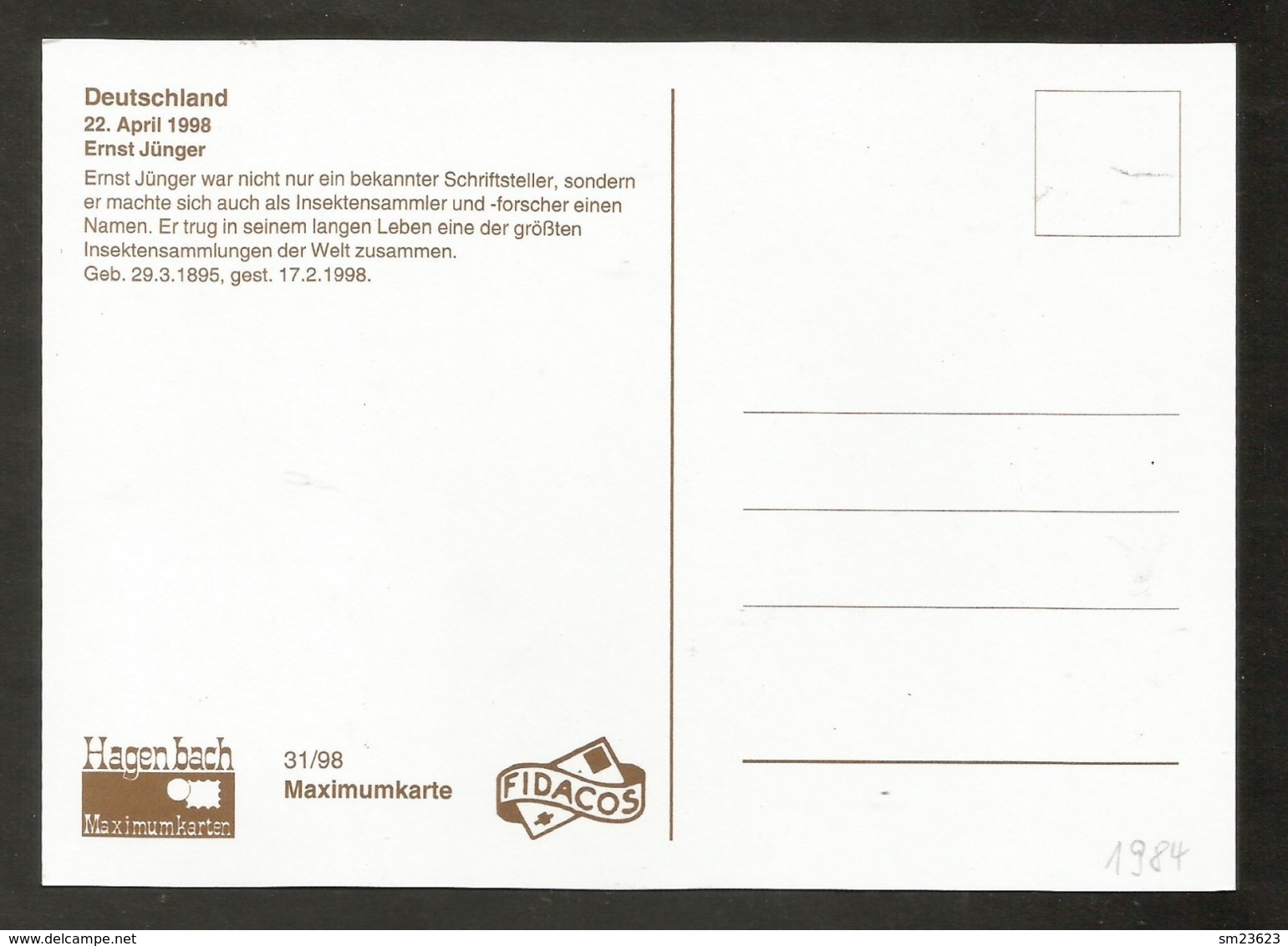 BRD 1998  Mi.Nr. 1984 , Tod Von Ernst Jünger - Hagenbach Maximum Card - Stempel Berlin Zentrum 22.4.1998 - Altri & Non Classificati