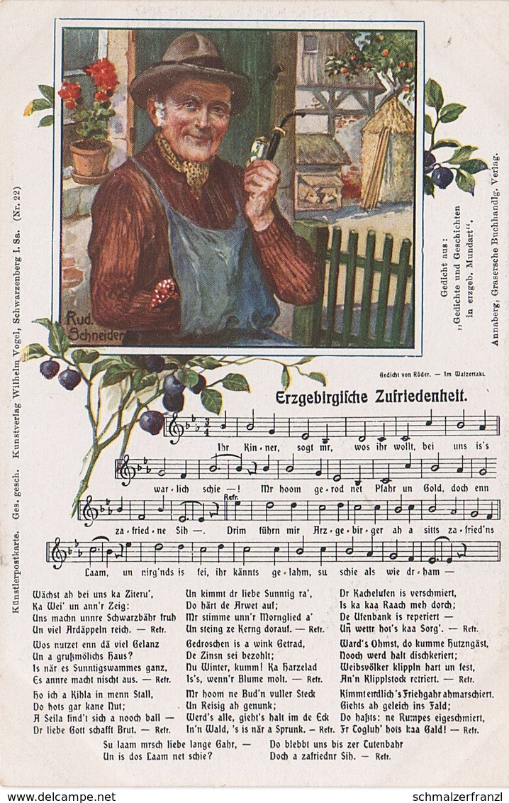 Künstlerkarte Liedkarte AK Gruß Erzgebirge Erzgebirgische Zufriedenheit Vogel Schwarzenberg Lied Sage Musik Mundart - Schwarzenberg (Erzgeb.)