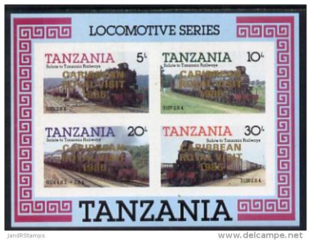 1921 (royal) Tanzania 1985 Locomotives Imperf Proof Miniature Sheet With 'Caribbean Royal Visit 1985' Opt In Gold (un - Royalties, Royals