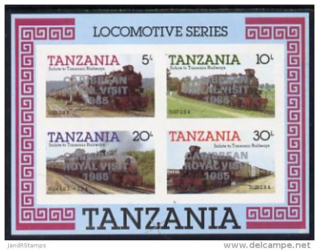 1919 (royal) Tanzania 1985 Locomotives Imperf Proof Miniature Sheet With 'Caribbean Royal Visit 1985' Opt In Silver (u - Familias Reales