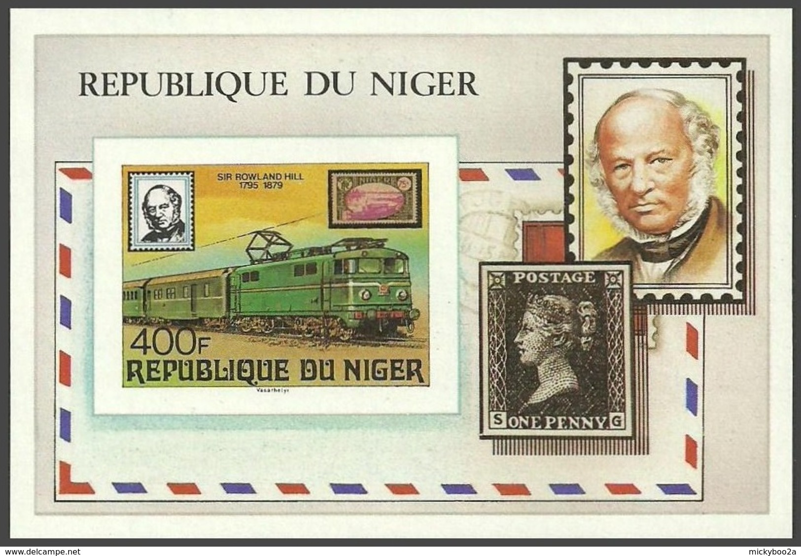 NIGER 1979 TRAINS RAILWAYS LOCOMOTIVES ROWLAND HILL OMNIBUS IMPERF M/SHEET MNH - Niger (1960-...)