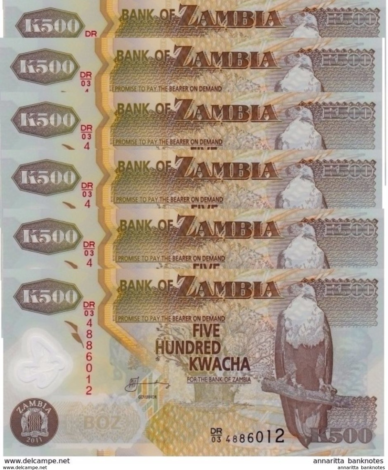 ZAMBIA 500 KWACHA 2011 P-43h UNC 6 PCS  [ZM145h] - Zambia