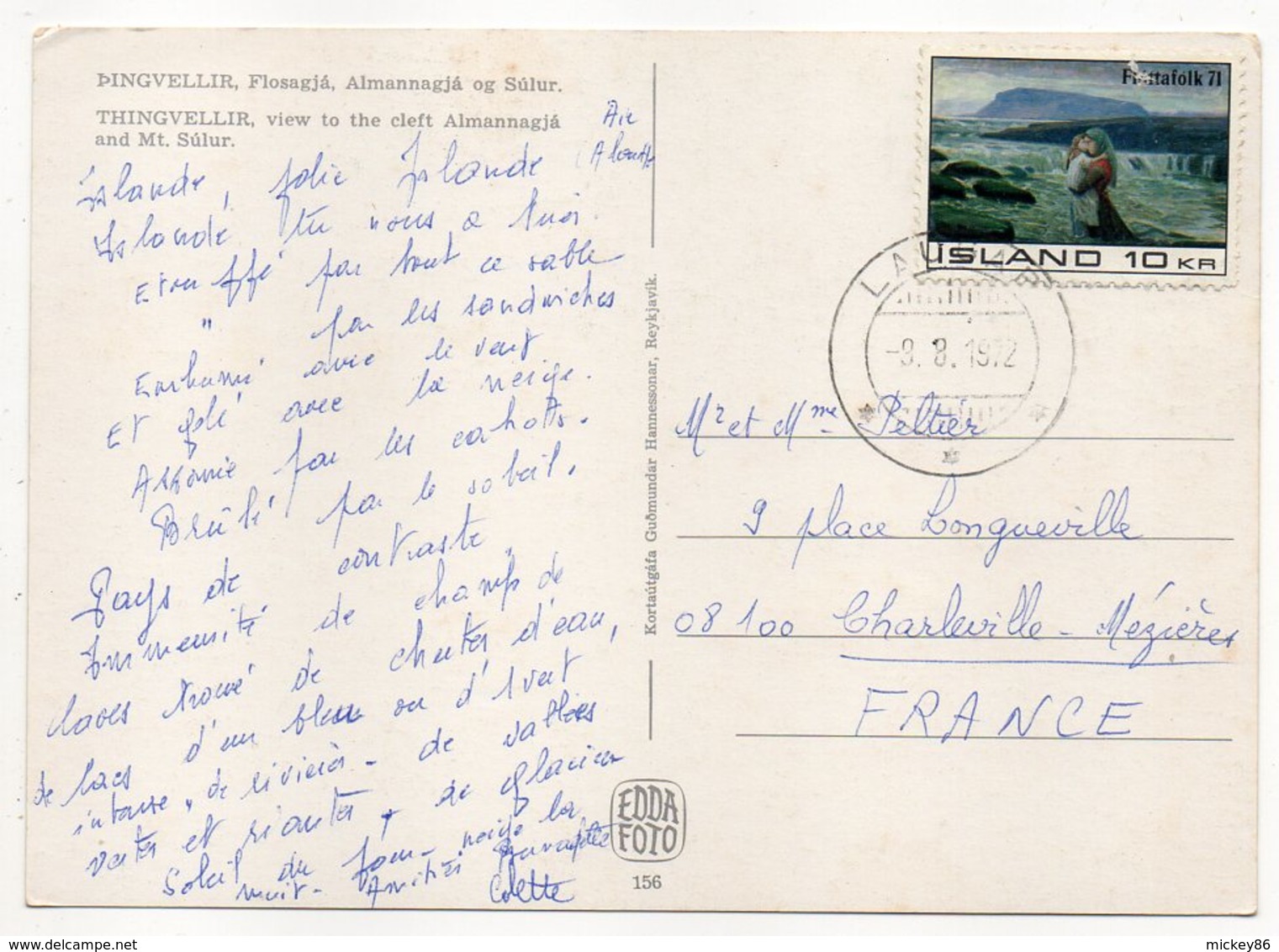 Islande--1972--THINGVELLIR  ...............timbre....  Cachet  .... Carte Destinée à La France - Islande
