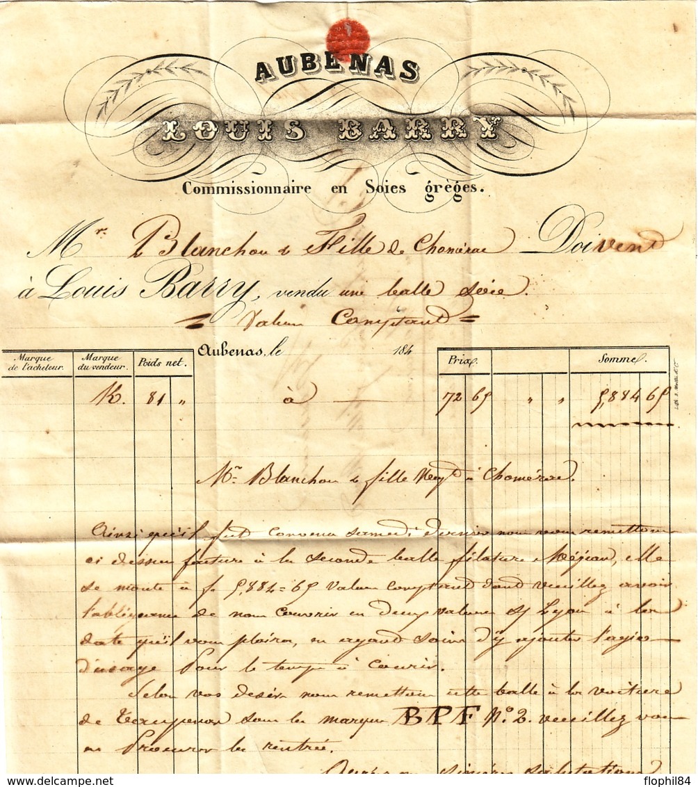 ARDECHE - AUBENAS - 29 AVRIL 1844 - LETTRE ENTETE LOUIS BARRY COMMISSIONAIRE EN SOIES. - 1801-1848: Precursors XIX