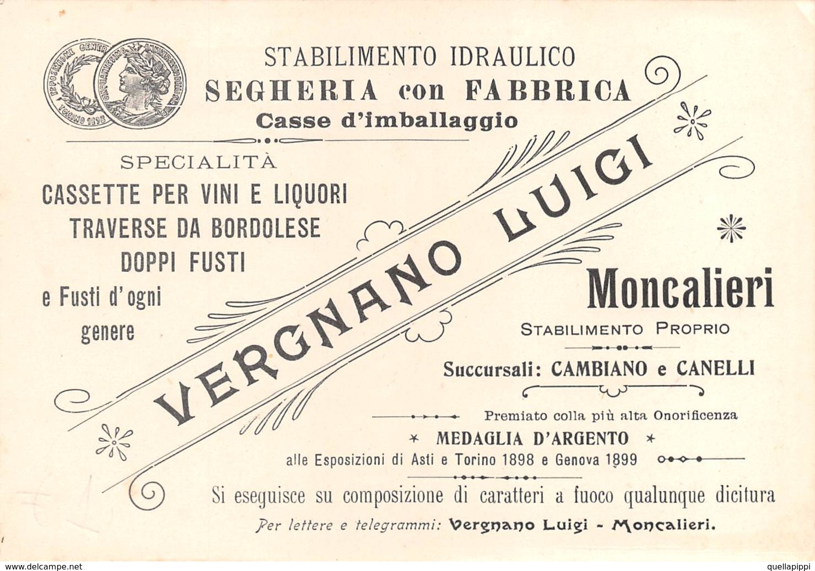 07831 "VERGNANO LUIGI - SEGHERIA CON FABBRICA CASSE D'IMBALLAGGIO - MONCALIERI (TO)" ORIGINALE - Cartoncini Da Visita