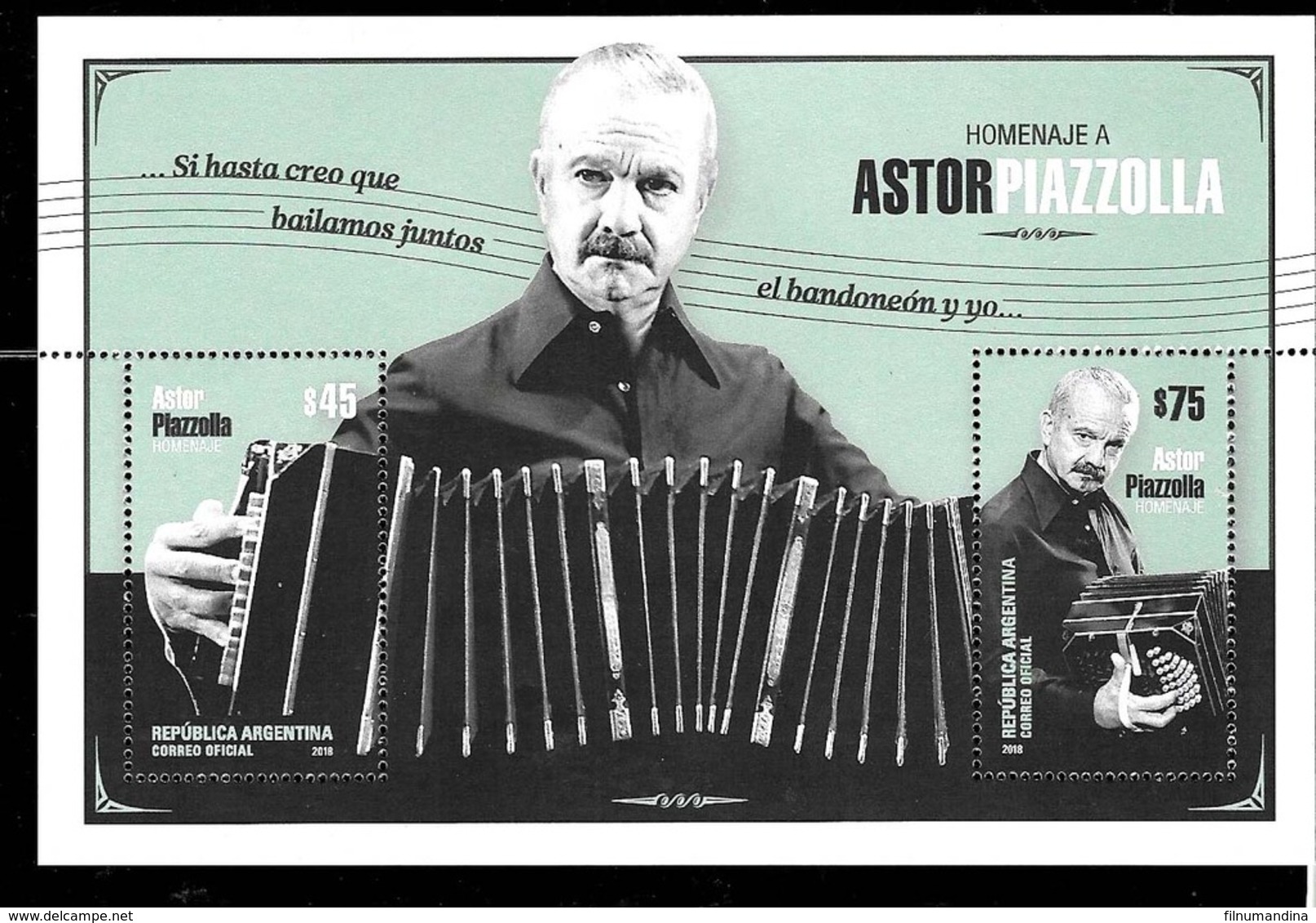 ARGENTINE ARGENTINIEN ARGENTINA 2018  MUSIQUE MUSIC TANGO ASTOR PIAZZOLLA BLOC S/S NEUF MNH - Autres & Non Classés