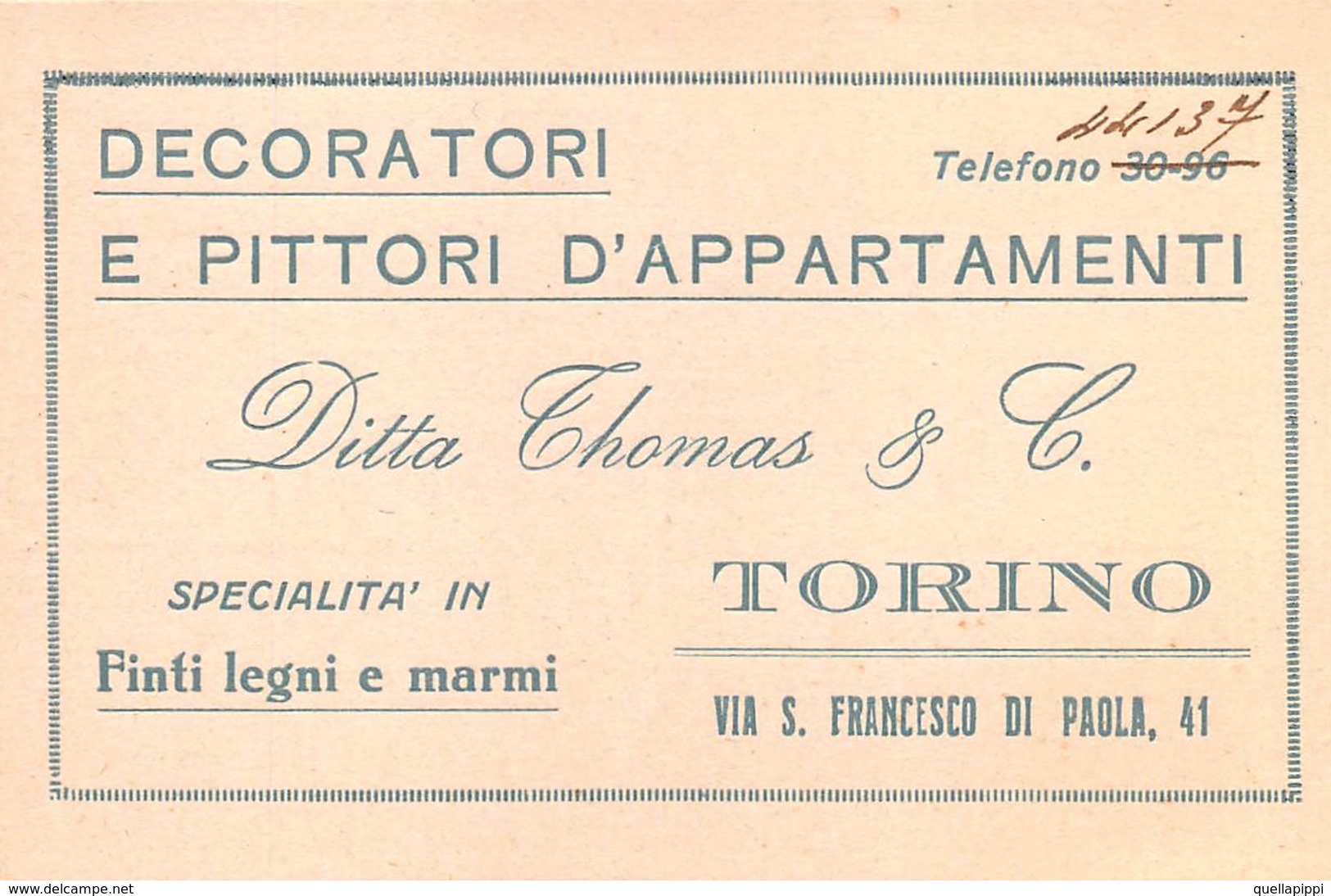 07833 "DITTA THOMAS & C. - DECORATORI E PITTORI D'APPARTAMENTI - SPEC. FINTI LEGNI E MARMI - TORINO" ORIGINALE - Cartoncini Da Visita