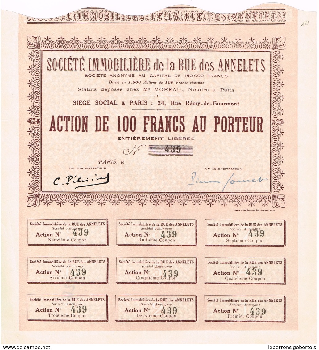 Ancienne Action - Société Immobilière De La Rue Des Annelets - Banque & Assurance