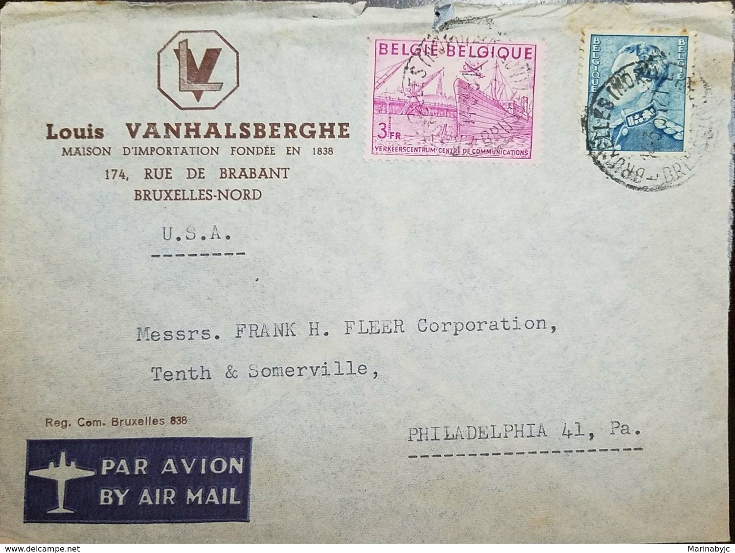 L) 1948 BELGIUM, COMMUNICATIONS CENTER SCOTT A101, 3FR BRT RED VIO, SCOTT A84, CIRCULATED COVER FROM BELGIUM TO USA, AIR - Other & Unclassified