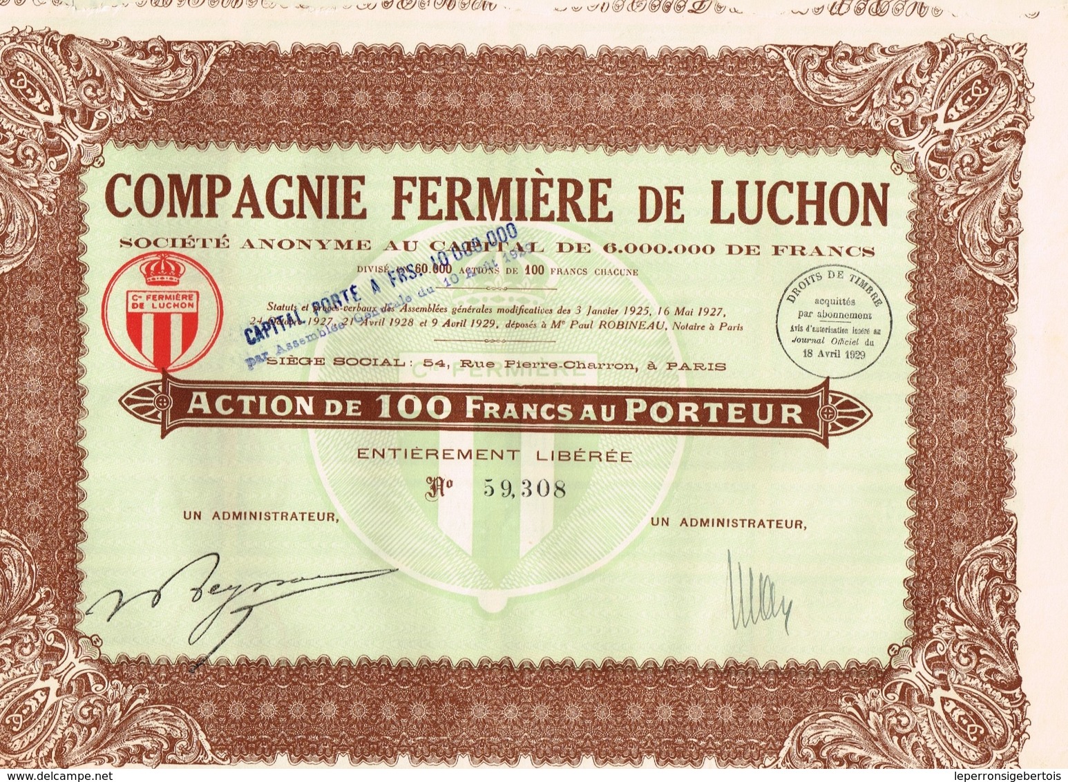 Ancienne Action - Compagnie Fermière De Luchon  - Titre De 1929 - Andere & Zonder Classificatie