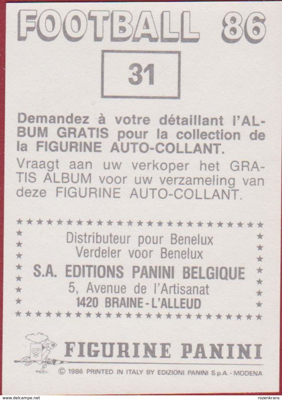 Panini Football Voetbal 86 1986 FC Royal Antwerp RAFC Club Autocollant Sticker Nr. 31 Albert Van Den Bergh - Sports