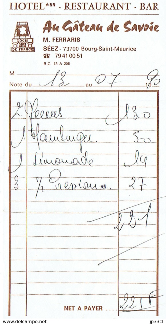 Ancienne Facture De L'Hôtel Restaurant Au Gâteau De Savoie, M. Ferraris Bourg Saint Maurice (13/7/1990) - Deportes & Turismo