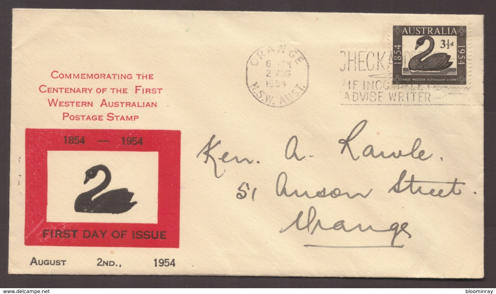 1954 Australia Centenary First Postage Stamp Western Australia Black Swan FDC - FDC