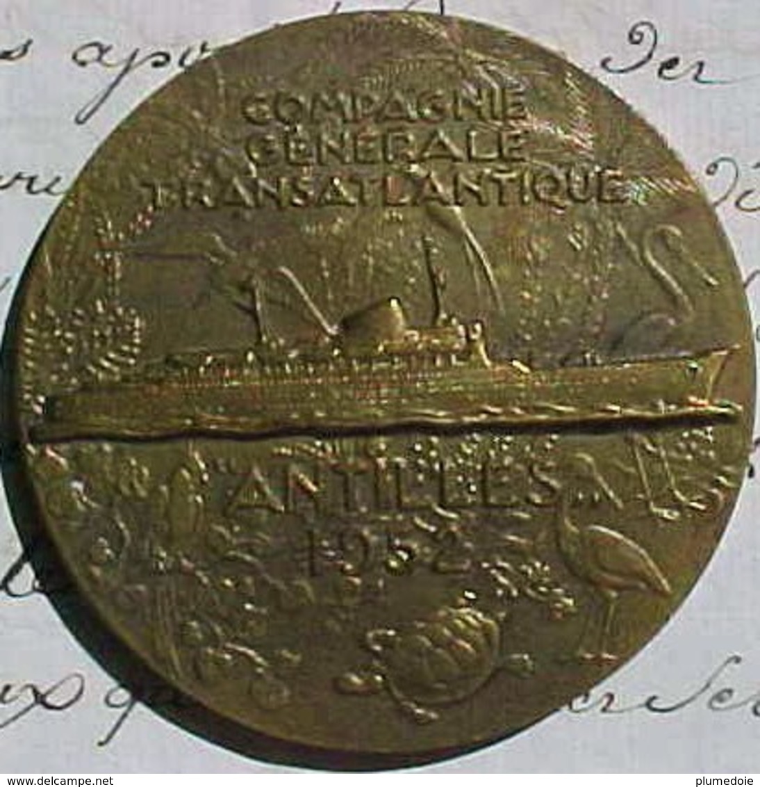 MEDAILLE Bronze ,COMPAGNIE GENERALE TRANSATLANTIQUE PAQUEBOT ANTILLES 1952 ,R. DELAMARRE SS Antilles Cruise Ship MEDAL - Professionals / Firms