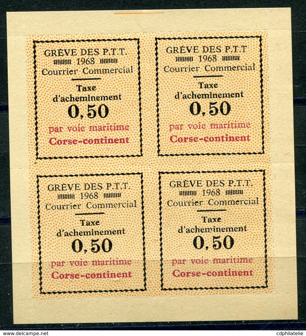 FRANCE TIMBRE DE GREVE N°15** EN BLOC DE 4 (numéro Maury) GREVE DES P.T.T. COURRIER...TAXE...0,50 PAR VOIE...CORSE-.... - Stamps