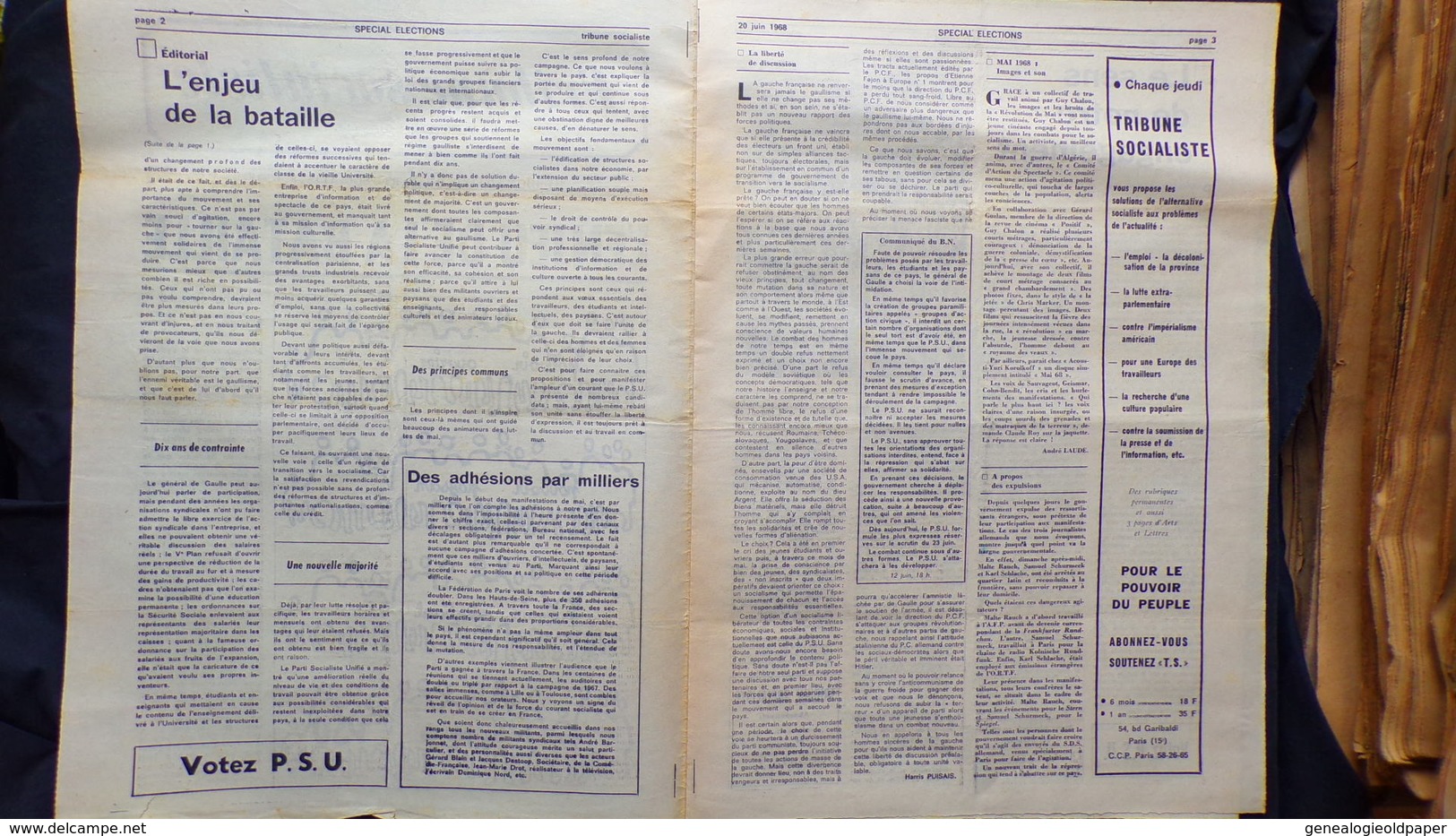 TRIBUNE SOCIALISTE-SOCIALISME- L' ENJEU DE LA BATAILLE-20 JUIN 1968- MICHEL ROCARD-STATUT ORTF-PSU-PAYSAN TRACTEUR- - 1950 à Nos Jours