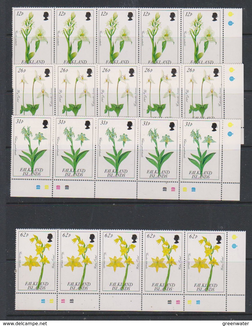 Falkland Islands 1991 Orchids 4v Strip Of 5 (corner)  ** Mnh (38949B) - Islas Malvinas