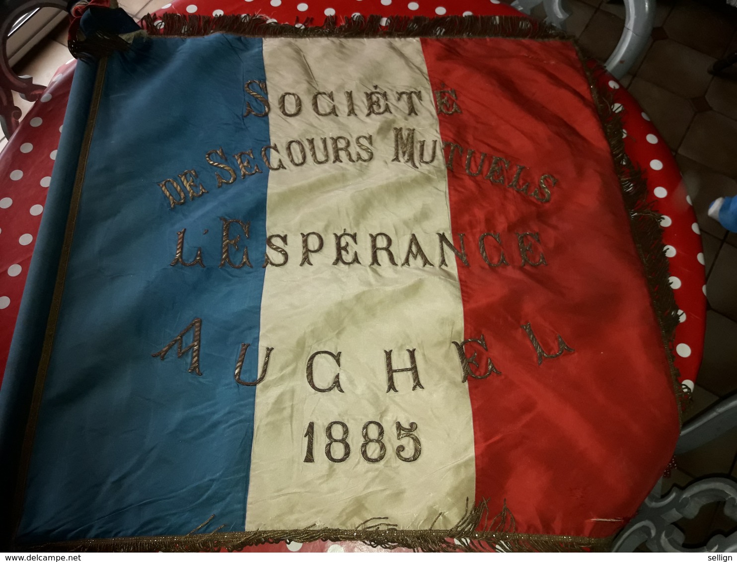 Drapeau Tricolore Société De Secours Mutuels L' Espérance Auchel 1885 - Flags