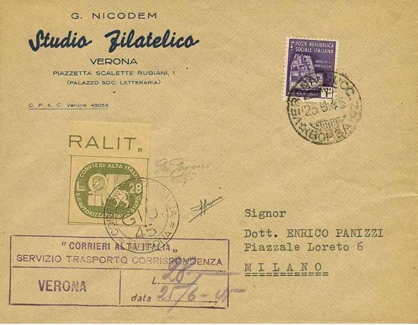 B Luogotenenza - Coralit - Da Verona A Milano Del 25.6.1945 Con Leone S.Marco L.28 Verde + RSI L.1 Violetto Sassone N.4+ - Sonstige & Ohne Zuordnung