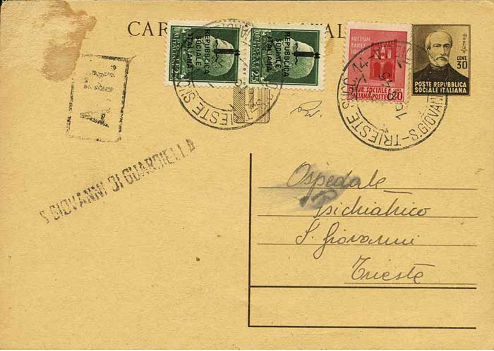 B Trieste AMG-VG - R.Ritorno Da Trieste Per Città Del 16.8.1945 Con Cartolina Postale RSI Mazzini C.30 - Interitalia N.1 - Altri & Non Classificati