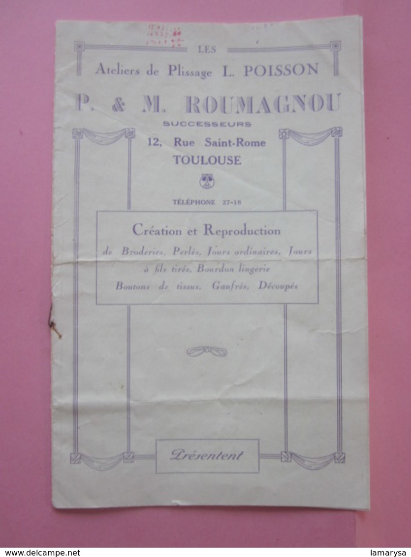 Dépliant Publicitaire-Ateliers De Plissage L. Poisson-Roumagnou-rue St Rome Toulouse-Créations-Broderie-Perlées-Bourdon- - Scrapbooking