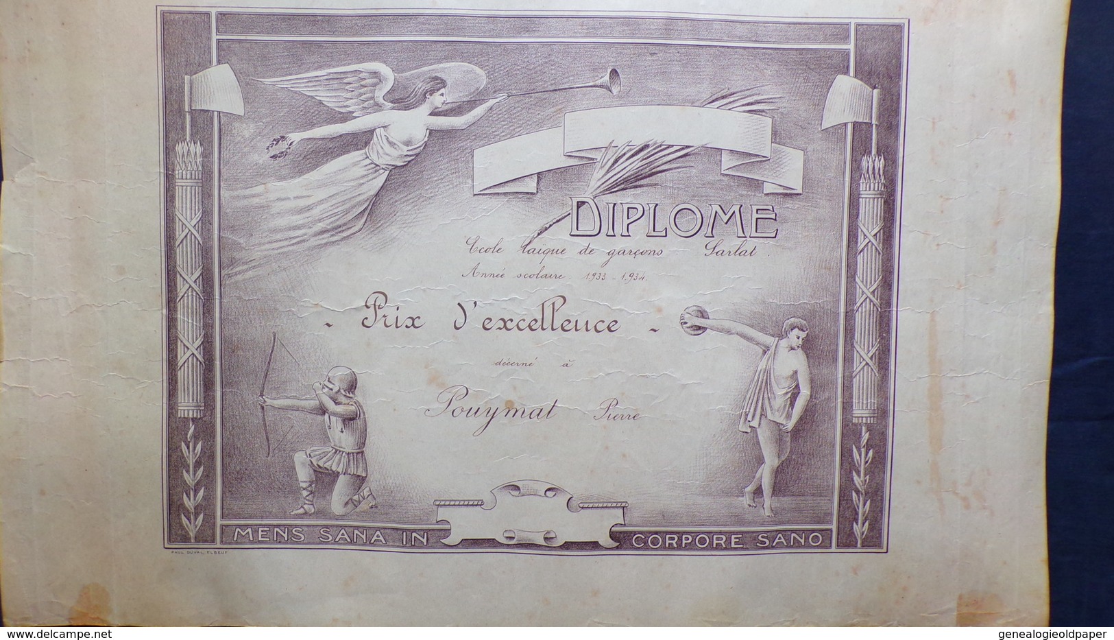 24- SARLAT- RARE DIPLOME ECOLE LAIQUE DE GARCONS-1933-1934- PRIX D' EXCELLENCE  A PIERRE POUYNAT -DISCOBOLE-TIR ARC - Diplômes & Bulletins Scolaires