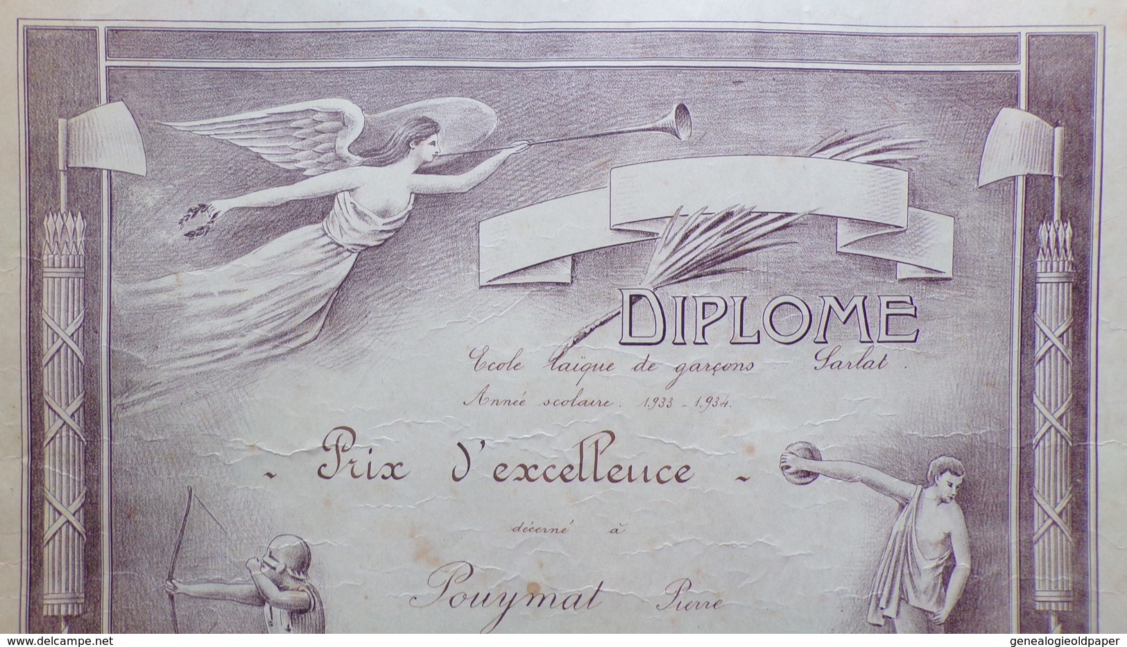 24- SARLAT- RARE DIPLOME ECOLE LAIQUE DE GARCONS-1933-1934- PRIX D' EXCELLENCE  A PIERRE POUYNAT -DISCOBOLE-TIR ARC - Diploma & School Reports