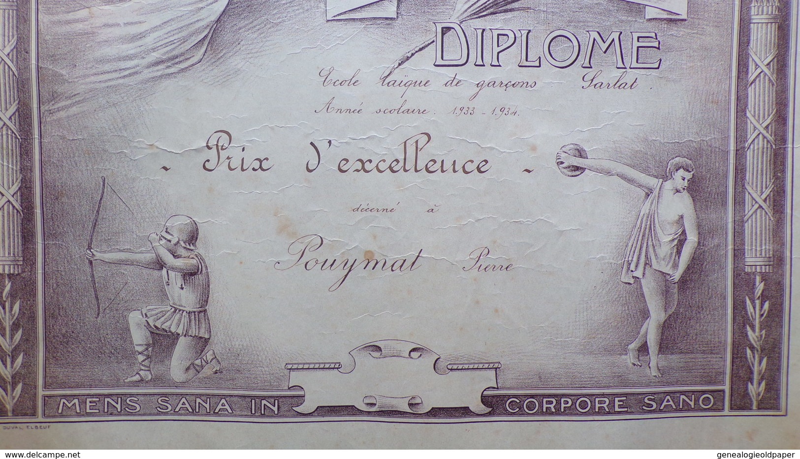 24- SARLAT- RARE DIPLOME ECOLE LAIQUE DE GARCONS-1933-1934- PRIX D' EXCELLENCE  A PIERRE POUYNAT -DISCOBOLE-TIR ARC - Diplômes & Bulletins Scolaires