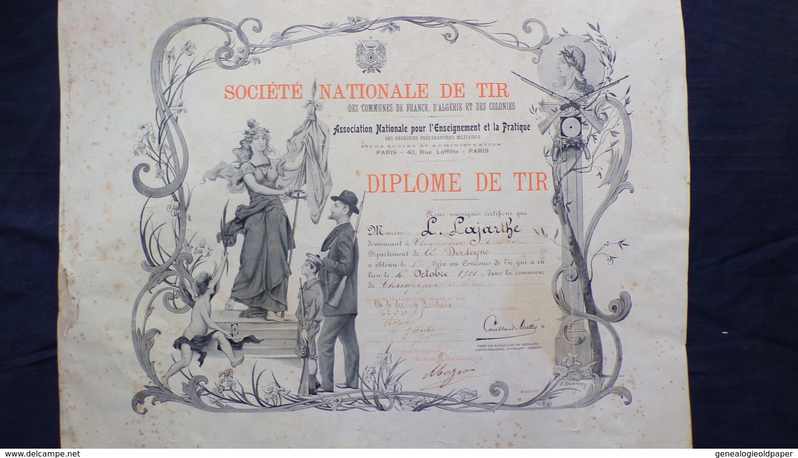 24- CHAMPAGNAC DE BELAIR- RARE DIPLOME DE TIR  -L. LAJARTHE-DORDOGNE-1908- SAINT AULAIRE - CHASSE- - Diplomi E Pagelle