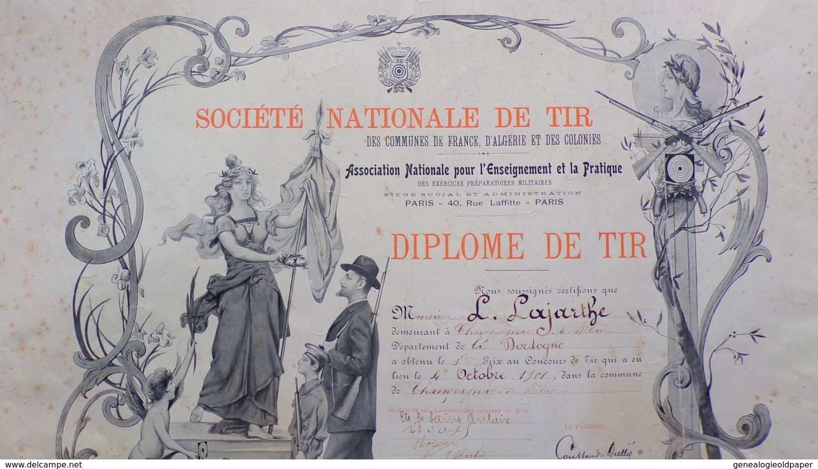 24- CHAMPAGNAC DE BELAIR- RARE DIPLOME DE TIR  -L. LAJARTHE-DORDOGNE-1908- SAINT AULAIRE - CHASSE- - Diplomas Y Calificaciones Escolares