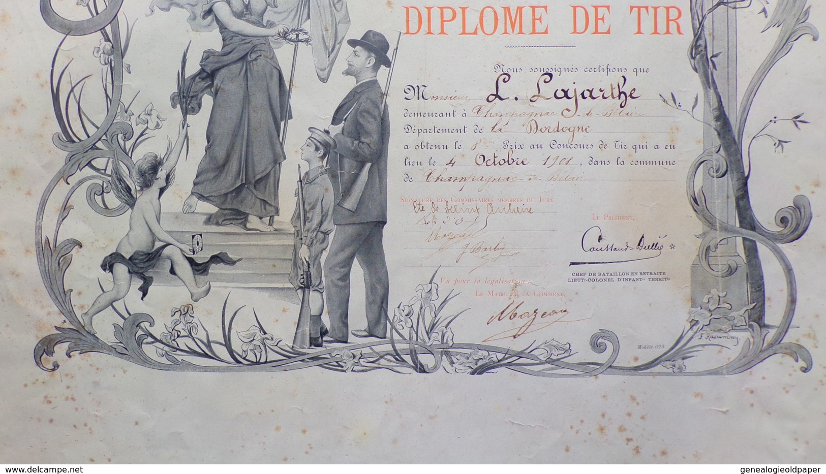 24- CHAMPAGNAC DE BELAIR- RARE DIPLOME DE TIR  -L. LAJARTHE-DORDOGNE-1908- SAINT AULAIRE - CHASSE- - Diplômes & Bulletins Scolaires