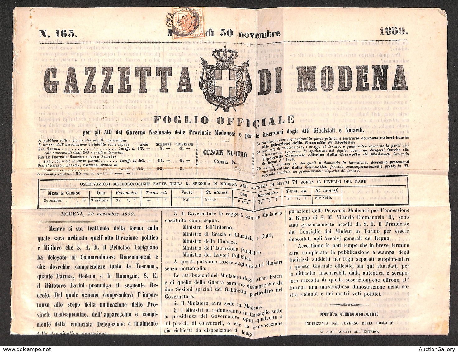 0008 ANTICHI STATI - LOMBARDO VENETO - 2 Kreuzer (3-Segnatasse) Tosato In Alto Su Gazzetta Di Modena 30 Novembre 1859 -  - Autres & Non Classés