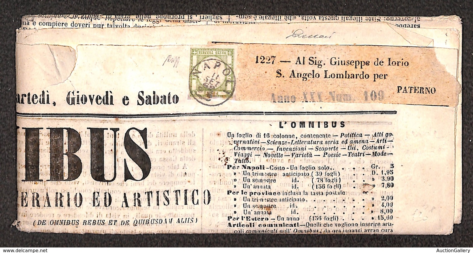 0023 ANTICHI STATI - NAPOLI - 1/2 Tornese (17) Isolato Su Giornale Omnibus Del 11.9.62 Da Napoli Per Paternò - Ben Margi - Andere & Zonder Classificatie