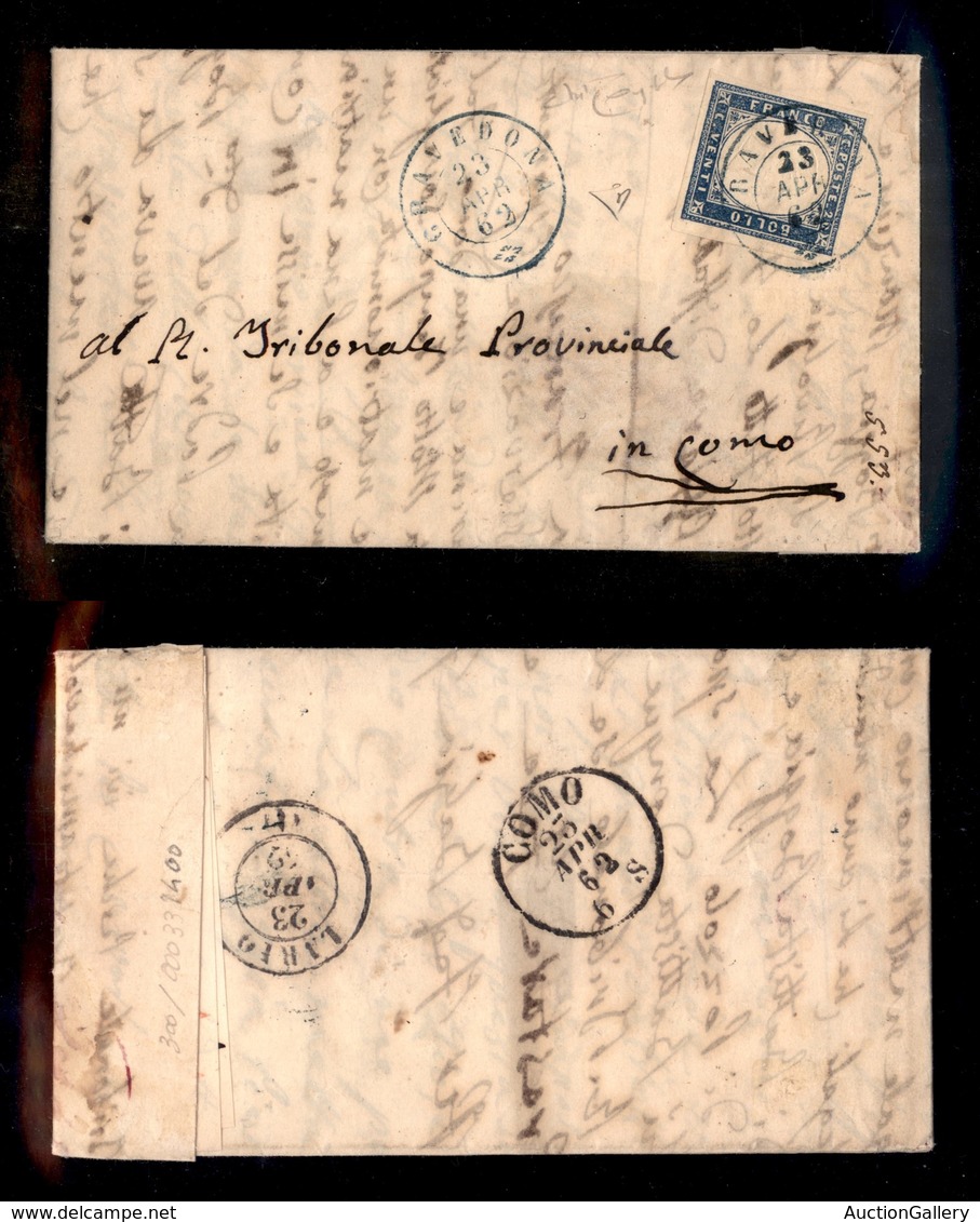 0083 ANTICHI STATI - SARDEGNA - Gravedona (azzurro-Pti.5) - 20 Cent (15D) Su Lettera Per Como Del 23.4.62 - Diena + Rayb - Autres & Non Classés