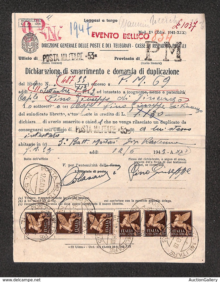 0217 REGNO - Duplicazione Buoni Fruttiferi - Sei 50 Cent (11-Aerea) Su Intero Modulo Domanda - Posta Militare N.53 12.6. - Other & Unclassified