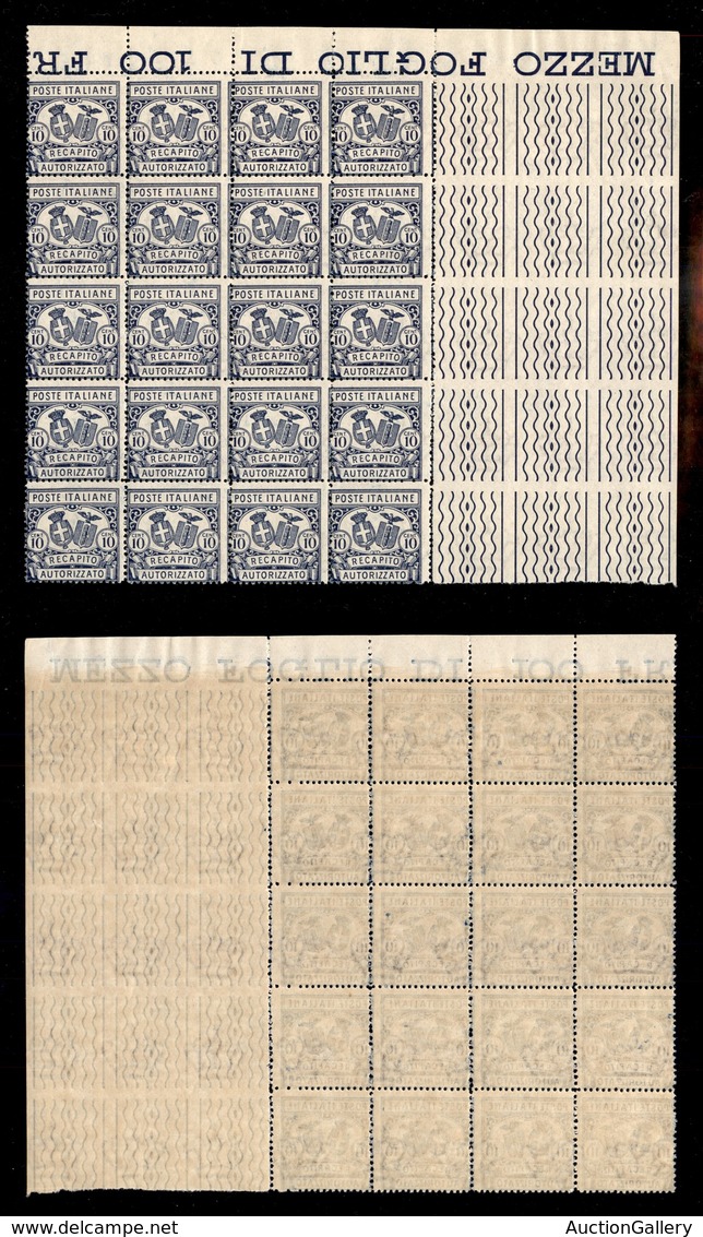 0234 REGNO - 1928 - 10 Cent (2-Recapito) - Blocco Angolare Di 20 - Gomma Integra (700++) - Other & Unclassified