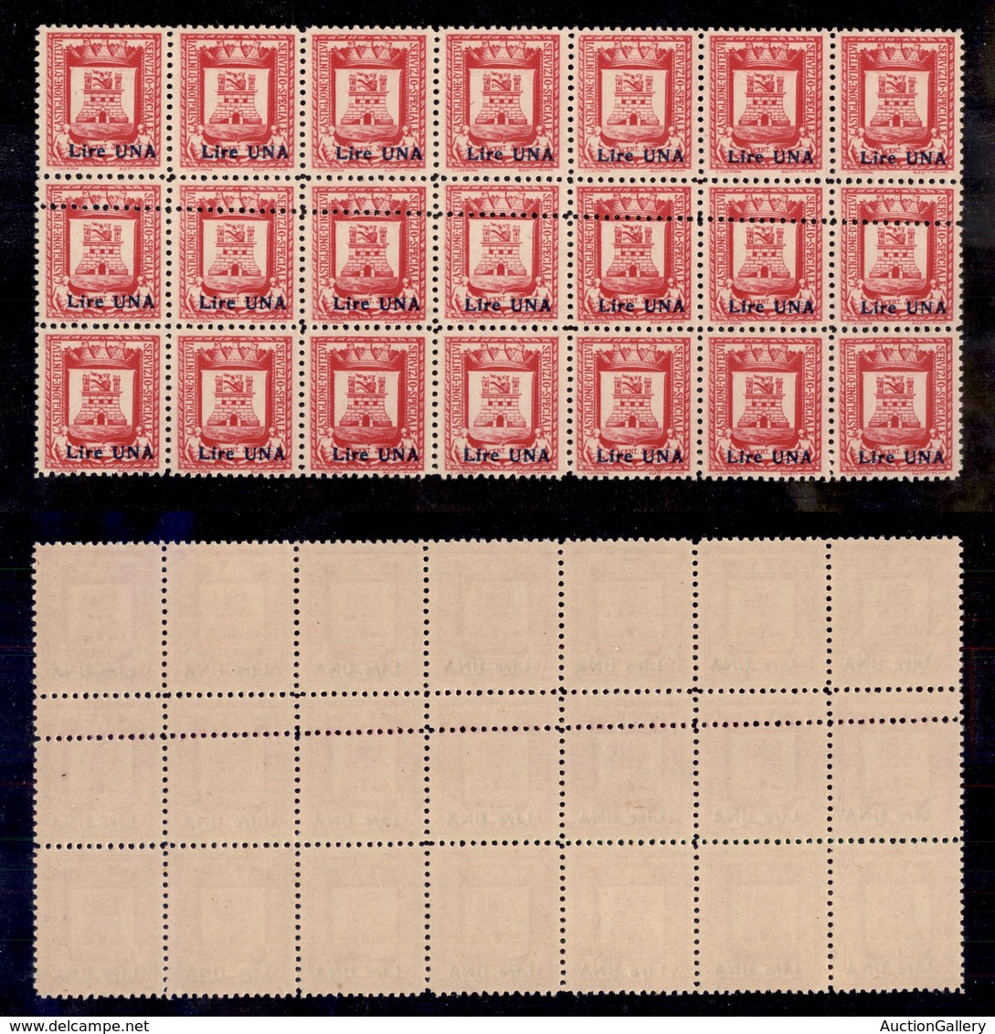 0346 EMISSIONI LOCALI - CASTIGLIONE D'INTELVI - 1945 - 1 Lira Su 50 Cent (19+19cc+19) - Blocco Orizzontale Di 21 - Doppi - Autres & Non Classés