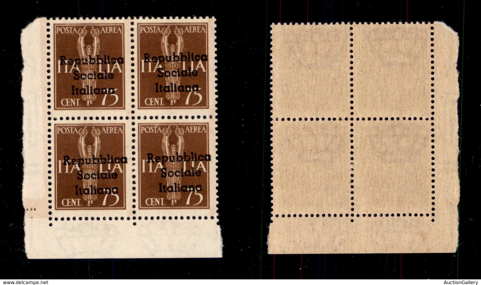 0355 EMISSIONI LOCALI - TERAMO - 1944 - Soprastampa Obliqua - 75 Cent (14-Aerea) - Quartina Angolare (pos.81/92) - Gomma - Other & Unclassified