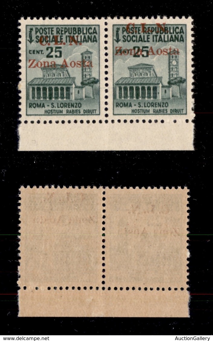 0358 EMISSIONI LOCALI - AOSTA - 1944 - 25 Cent (1+1b) - Coppia Bordo Foglio Con Soprastampe Disallineate - Gomma Integra - Other & Unclassified