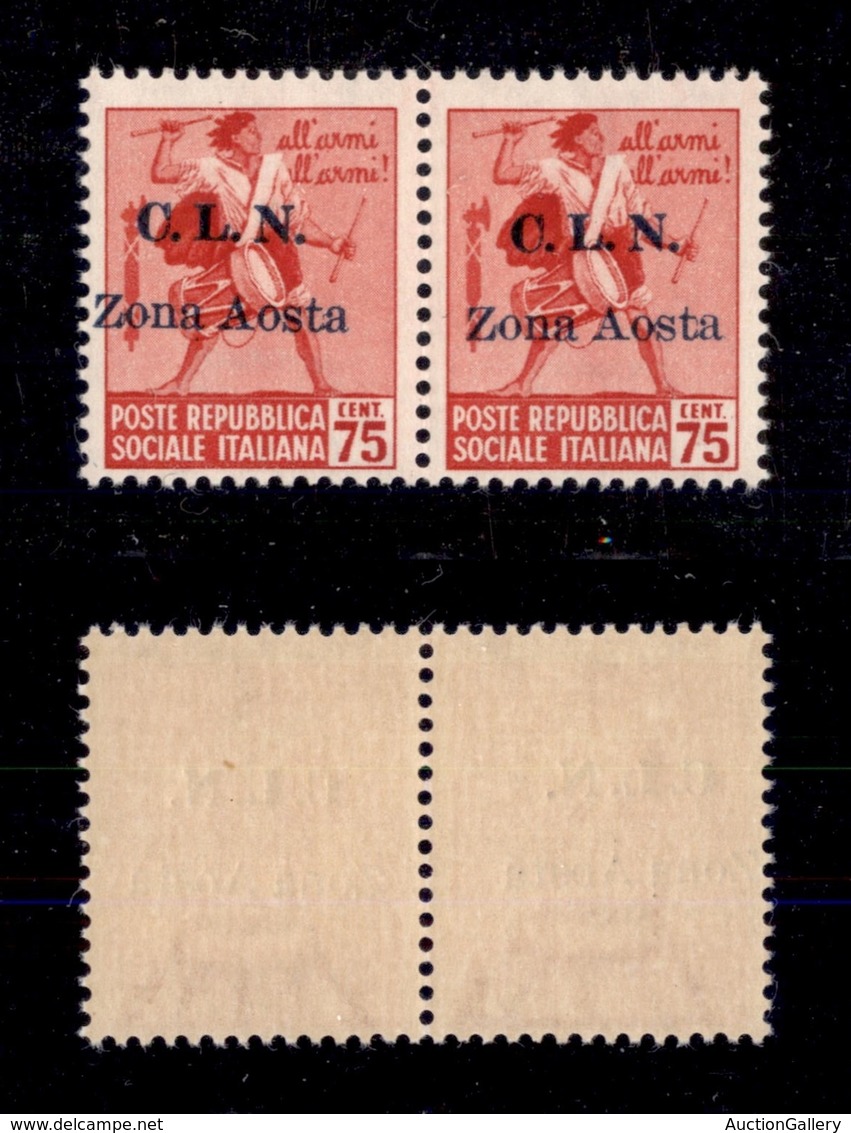 0359 EMISSIONI LOCALI - AOSTA - 1944 - 75 Cent (3) - Coppia Orizzontale Con Soprastampa Spostata A Sinistra + Normali -  - Autres & Non Classés