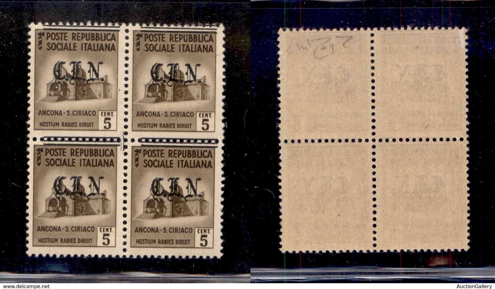 0387 EMISSIONI CLN - TORINO - 1945 - 5 Cent (Errani 1) - Quartina Con Soprastampa Spostata In Alto (lineette A Cavallo-v - Autres & Non Classés