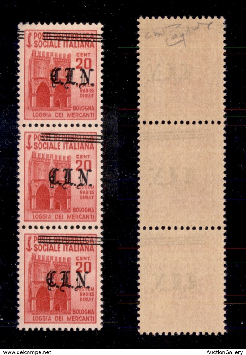 0389 EMISSIONI CLN - TORINO - 1945 - 20 Cent (Errani 4b) - Striscia Di Tre Con Soprastampe Spostate - Gomma Integra - Ce - Autres & Non Classés