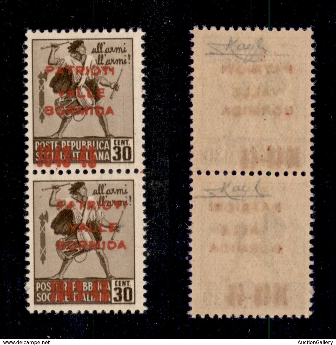 0403 EMISSIONI CLN - VALLE BORMIDA - 1945 - 30 Cent (4A) - Coppia Verticale Con Soprastampe Disallineate (spostata A Sin - Autres & Non Classés