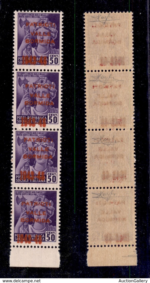 0404 EMISSIONI CLN - VALLE BORMIDA - 1945 - 50 Cent (5A) - Striscia Verticale Di Quattro Con Soprastampe Diversamente Sp - Other & Unclassified