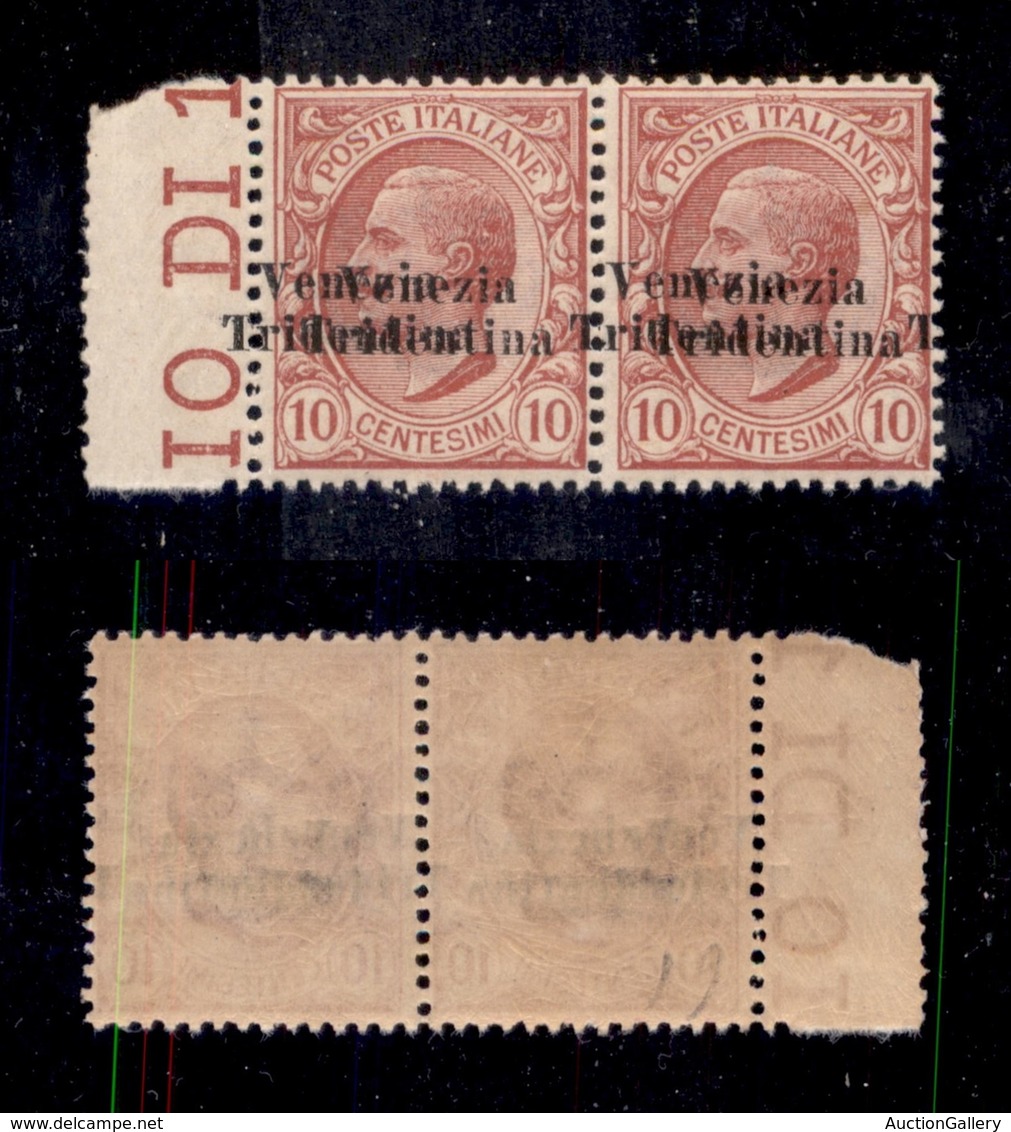 0423 OCCUPAZIONI - TRENTINO - 1918 - 10 Cent (22ba) Con Doppia Soprastampa (una A Sinistra-ridentina T) In Coppia Orizzo - Autres & Non Classés