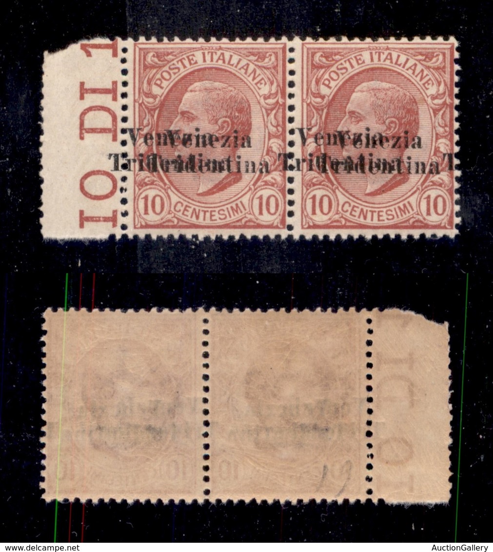 0423 OCCUPAZIONI - TRENTINO - 1918 - 10 Cent (22ba) Con Doppia Soprastampa (una A Sinistra-ridentina T) In Coppia Orizzo - Altri & Non Classificati