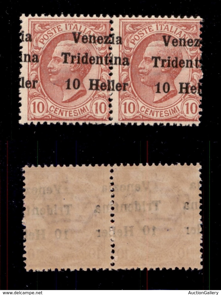 0426 OCCUPAZIONI - TRENTINO - 1918 - 10 Heller Su 10 Cent (29gaa) - Coppia Orizzontale Con Soprastampe Spostate A Cavall - Other & Unclassified