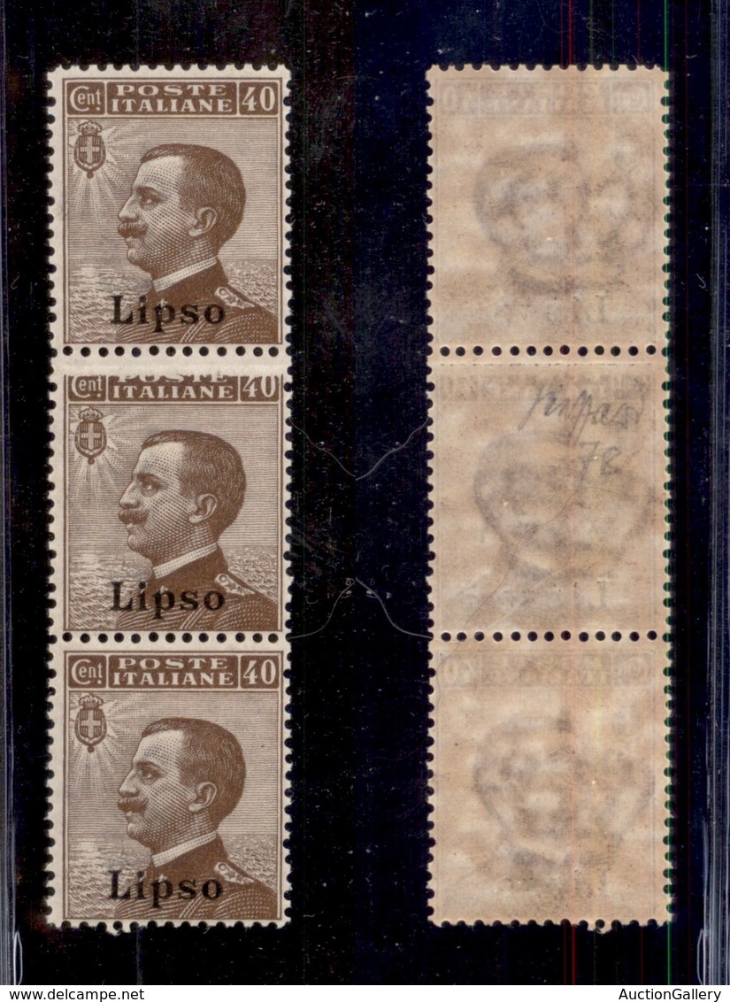 0535 COLONIE ITALIANE - LIPSO - 1912 - 40 Cent (6+6a+6) - Striscia Verticale Di Tre Con Varietà Al Centro - Gomma Integr - Other & Unclassified